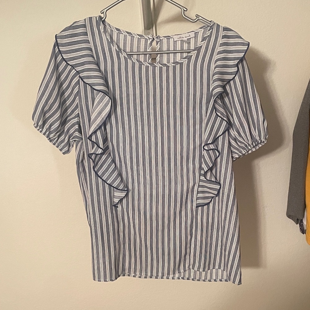 White Birch Blue and White Striped Ruffle Blouse